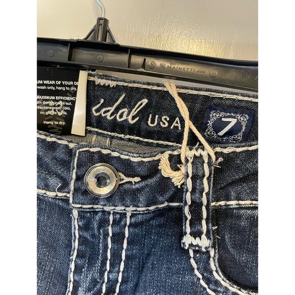 LA Idol USA Jeans Vault Denim size 7 rhinestone distressed stitching boot cut - Picture 3 of 4